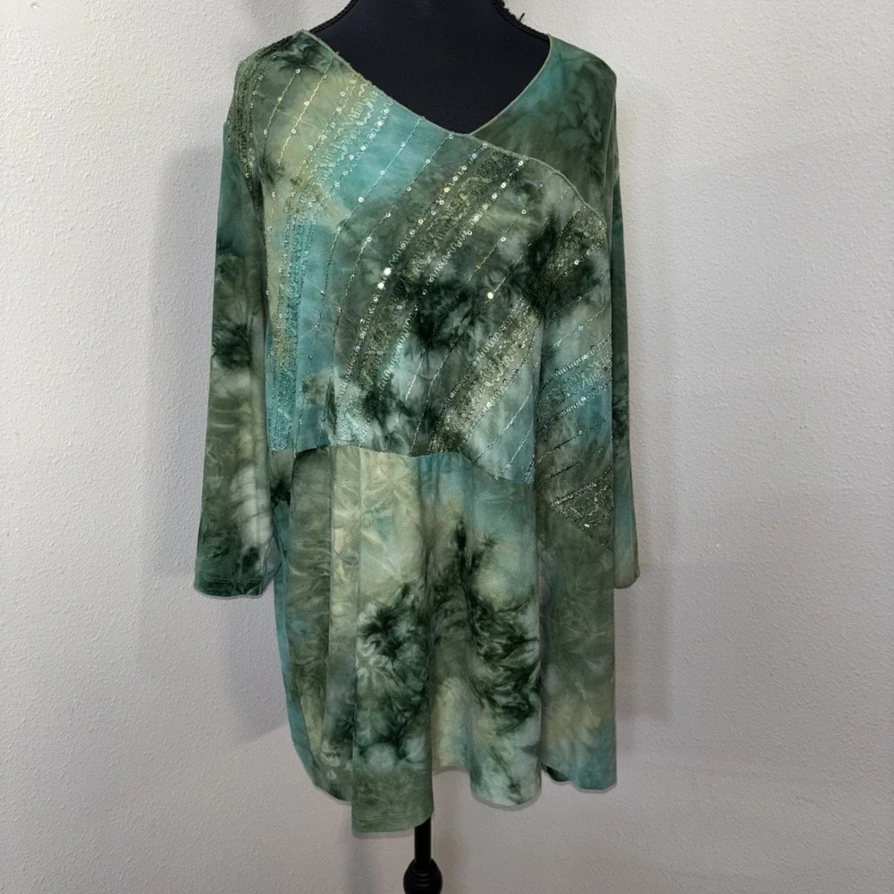 Catherines Blouse Women's 2X Green Sequin Tie Dye Cottage Boho 3/4 Sleeve‎